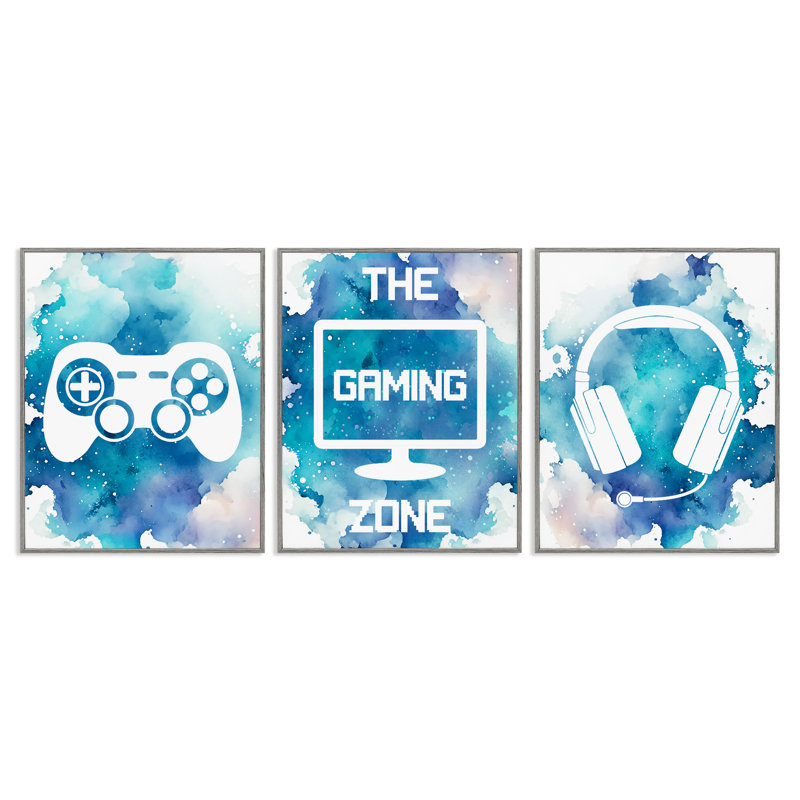 «Blue Gamer Splatters», ensemble de 3 giclées encadrées, design par Marcus Prime, Estampe numérique Farmhouse
