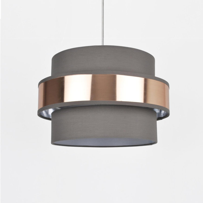 20cm H Cotton Drum Pendant Shade, Grey/Brushed Copper