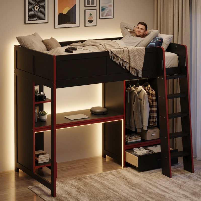 Wood Gaming Loft Bed with Built-In Desk and Storage Cabinet, Simple