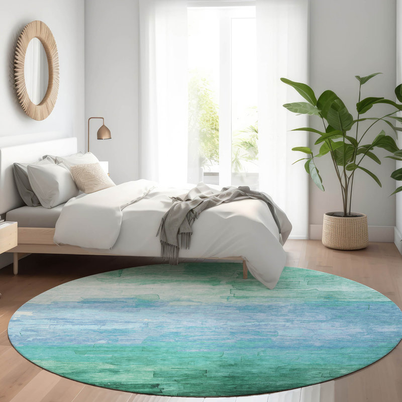 Machine Washable Indoor/Outdoor Claudian ACN1471 Teal Rug, Round 8'