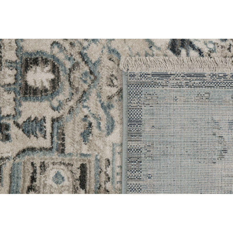 Tapis bleu foncé/crème Omarion, Rectangle 2 pi x 3 pi 11 po