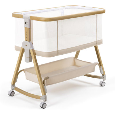 5 in 1 Baby Bassinet Bedside Sleeper, 6-Level Height Adjustable Bedside Crib with 360°Lockable Wheels, Mattress,Portable Bassinet for Newborns and Infants,Beige