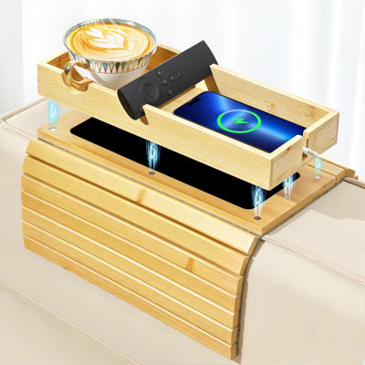 Couch Armrest Table, 2-in-1 Magnetic Detachable Sofa Arm Tray with Cup Holder and Phone Holder, Foldable Bamboo Couch Cup Holder for Remote Controls,