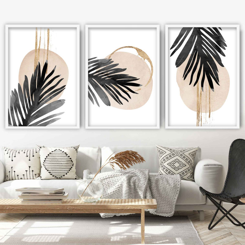 Aztec Palm Leaves - 3 Piece Single Picture Frame Print, 73cm H x 53cm W , White Framed