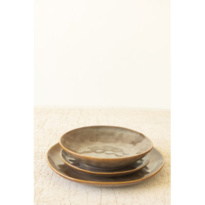 SET 3 ANTIQUE BROWN CERAMIC DINNER  SALAD AND BOWL