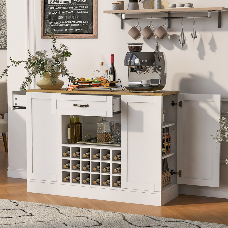 Armoire à café moderne à vin, support à vin réglable et prise de courant, Blanc