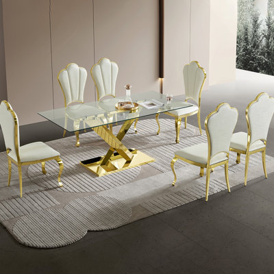 Table de salle à manger en acier inoxydable doré avec plateau en verre trempé transparent de 70,08 pouces
