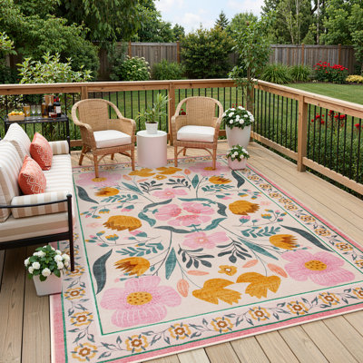 Washable American Countryside Floral  8X10 Pink Outdoor Rug, Non Slip Quick-Dry Mesh Rug for Deck Backyard