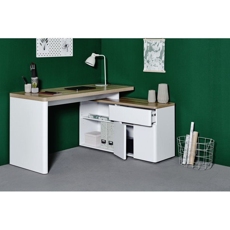 Cuuba 55.12" L-Shaped Modular Writing Desk with Storage Cabinet, Riviera Oak White