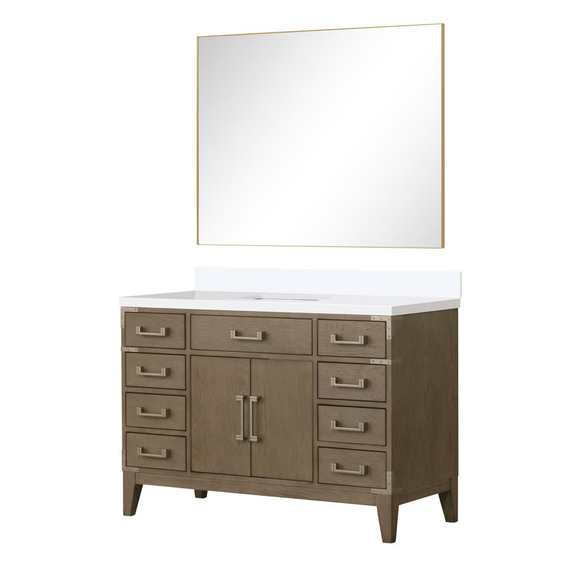 48 po M 1 meuble-lavabo avec miroir 46, conception à six tiroirs, plateau en quartz blanc et tablette ouverte, Grey