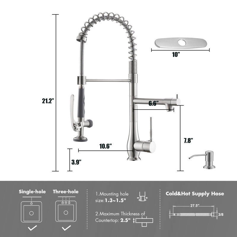Double-Headed Single-Handle High-Pressure Kitchen Faucet, With Pull-Down Sprayer And Soap Dispenser., Brushed Nickel