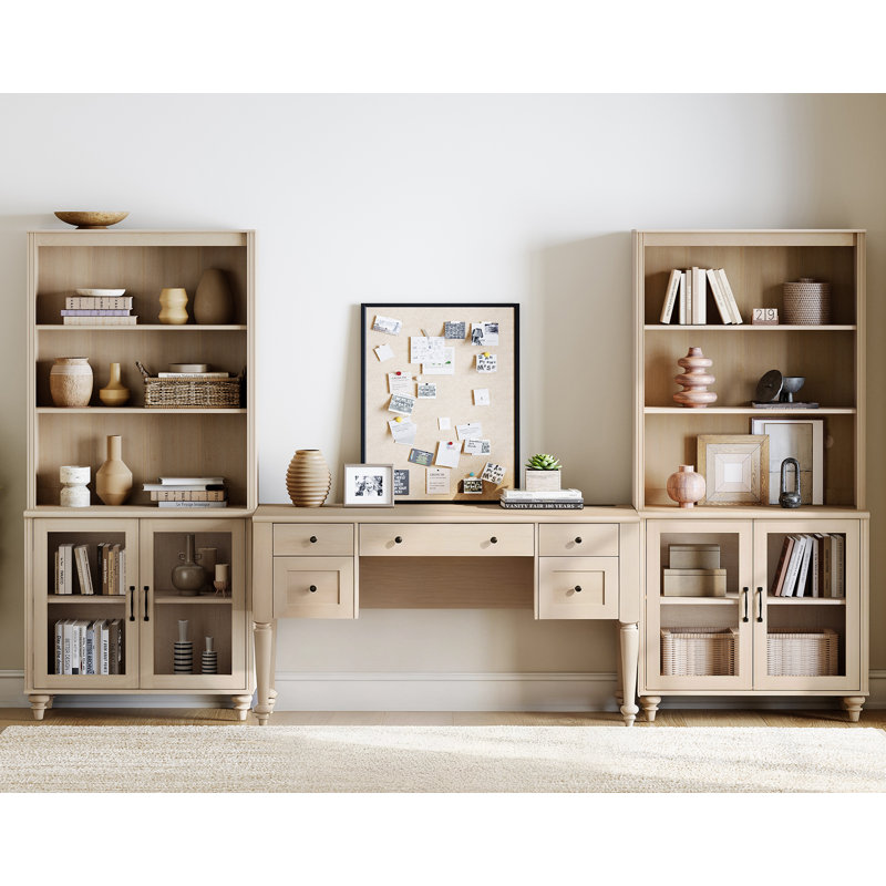 Ensemble de bureau 2 pièces, bureau double 56 po et ensemble de 2 bibliothèques avec portes en verre, beige