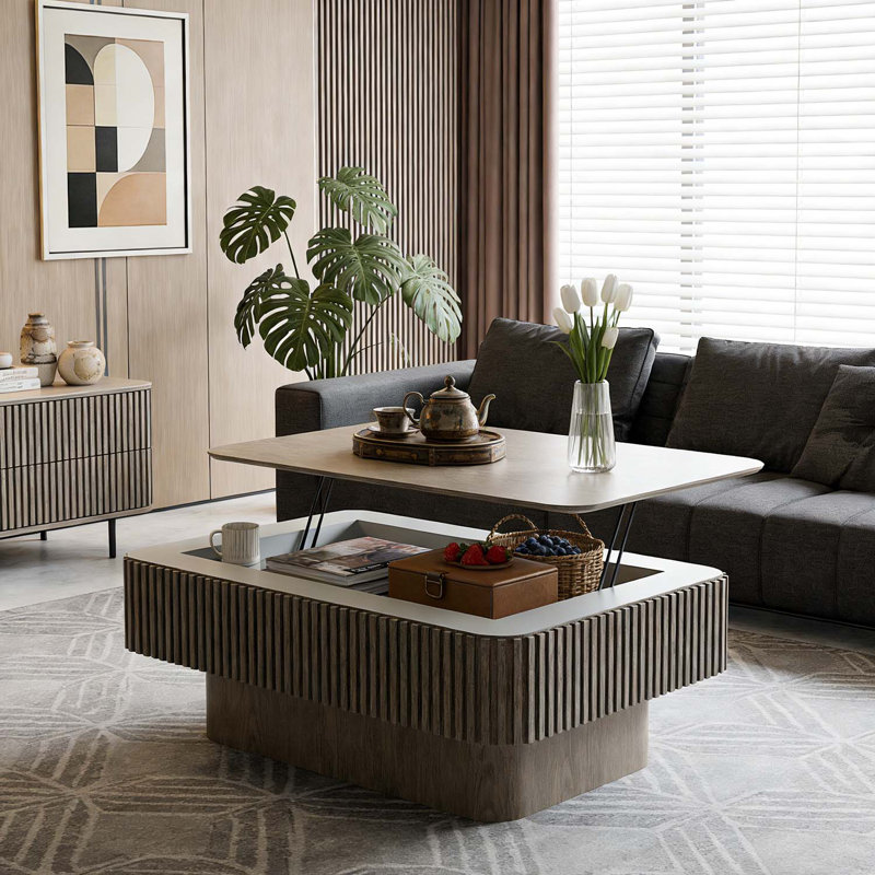 38.6'' Fluted Lift-top Coffee Table with Storage and Adjustable Height, Grey