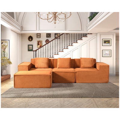 CozyForm Modular Corduroy Sectional Sofa with Ottoman, 4-Seat L-Shaped Convertible Couch, Pumpkin Orange