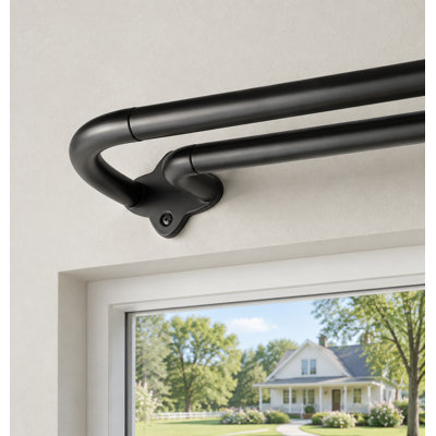Black wrap-around double curtain rods for windows, adjustable from 28 to 48 Inches with a telescoping design for blackout and room-darkening drapery, plus a decorative look for home decor.