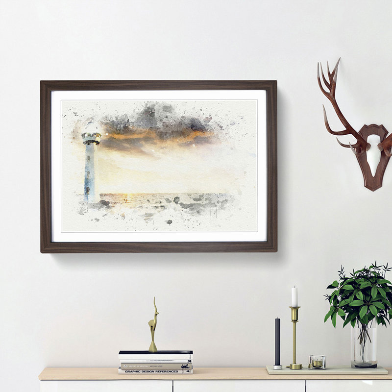 Lighthouse & Seascape Evening Glow in Abstract - Picture Frame Graphic Art Print, 36cm H x 48cm W x 2cm D, Walnut Framed