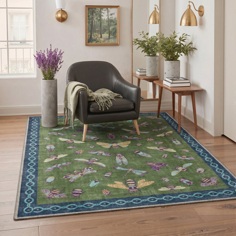 Aura Wing Boho Machine Washable Green / Purple / Blue Indoor Area Rug with Non-Slip Backing, Rectangle 5' x 7'
