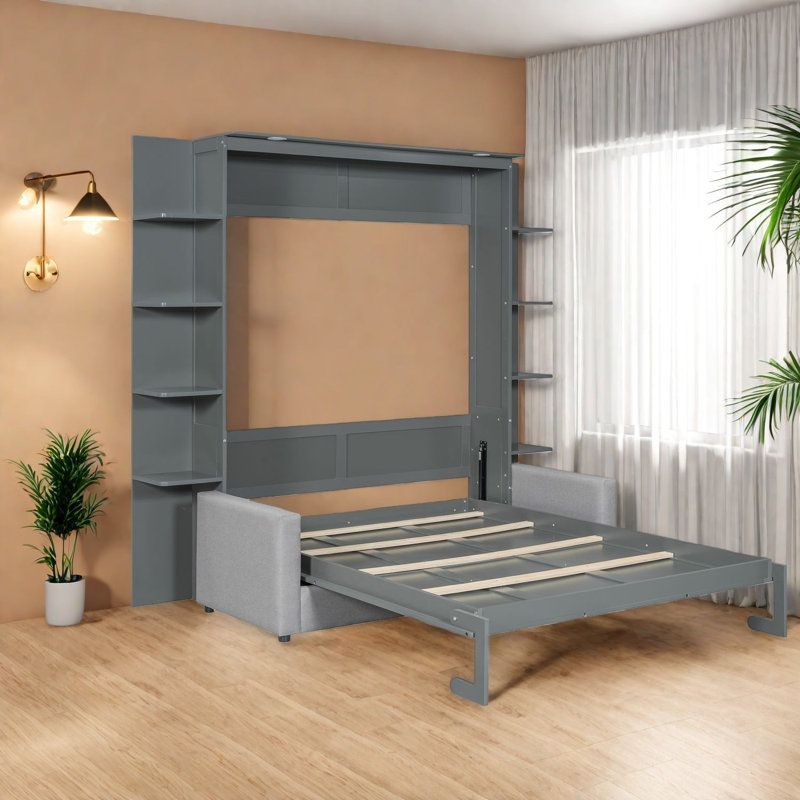 Lit escamotable gris moderne et peu encombrant avec canapé confortable