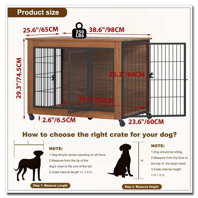 38,6 Mobilier pour cage robuste avec roulettes pour petits chiens, Grand (H 29,3 po x l 38,6 po x P 25,6 po)