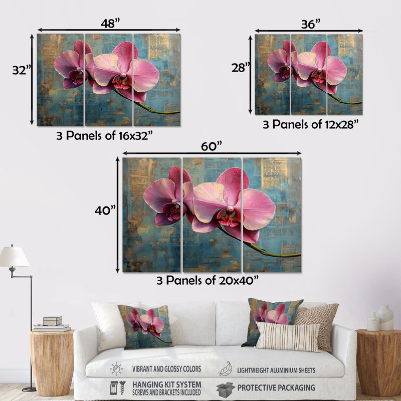 Orchidée rose exotique Elegance II - ensemble de décoration murale orchidée, Métal métal, H 28 po x l 36 po x P 1 po