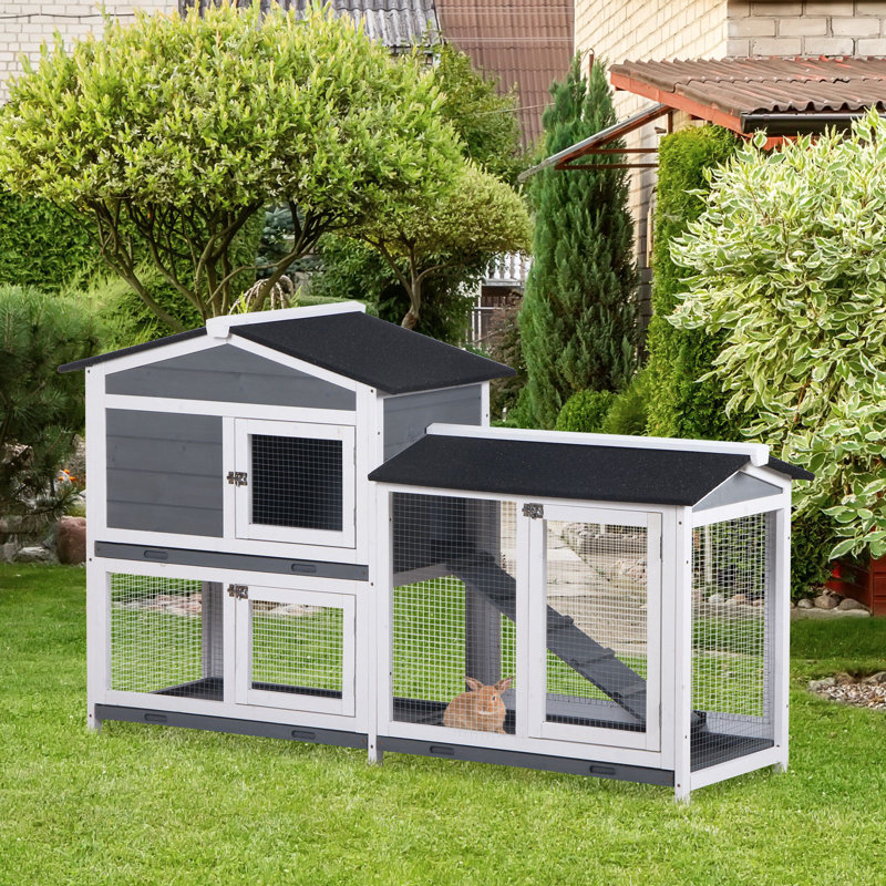 2-Tier Wooden Rabbit Hutch Guinea Pig House Pet Cage Outdoor with Tray Ramp
