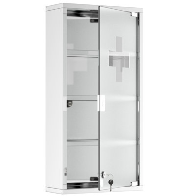 Locking Meds Cabinet With 4 Tier Shelves, Stainless Steel, 12"x24", Silver, Wall Mounted Shelves Medicine Cabinet, Lockable, Silver Mount