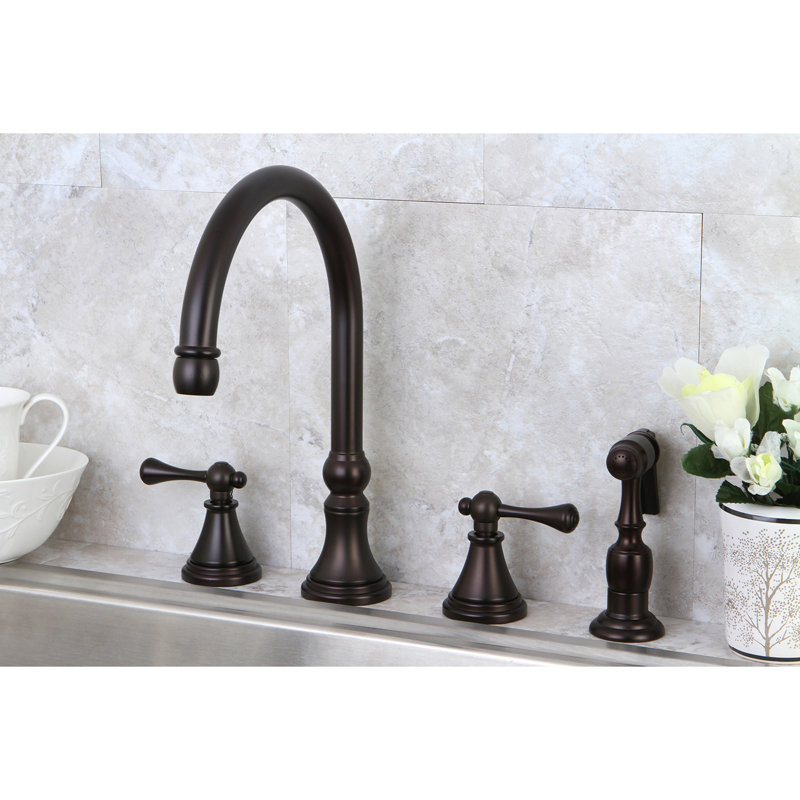 Kingston Brass Governor Double-Handle 4-Hole Widespread Kitchen Faucet with Brass Sprayer, Oil Rubbed Bronze