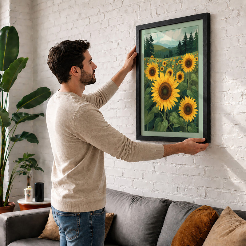 Sunflowers And Mountains Botanical - Print, Walnut, A4 - 29.7 x 21.0 cm