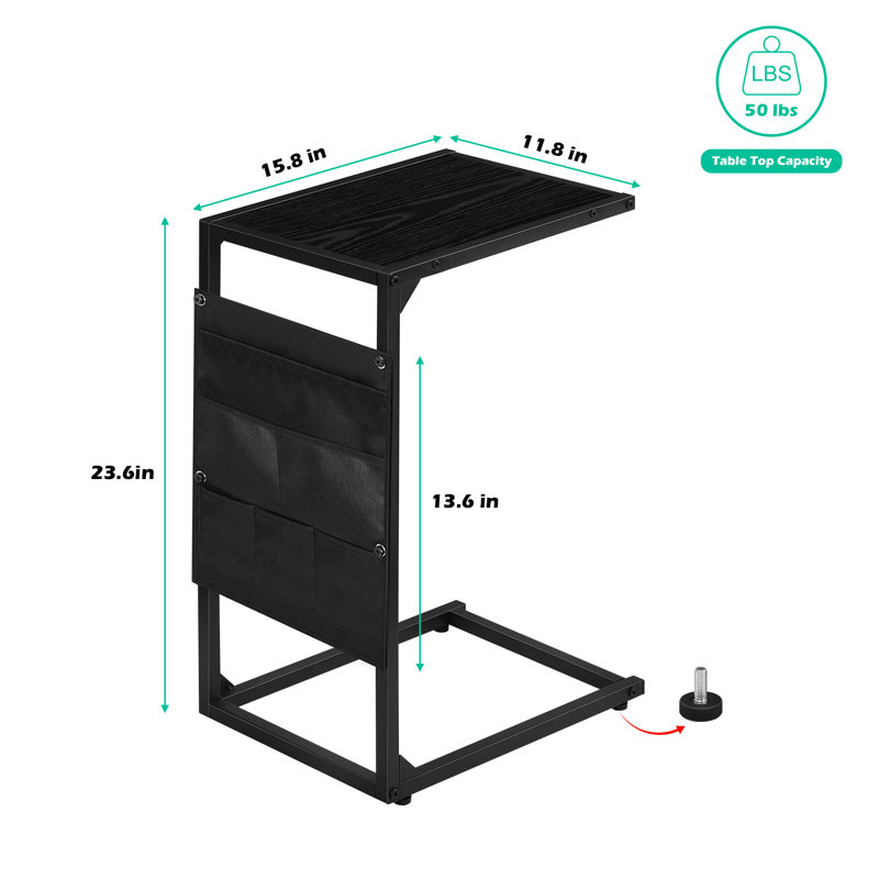 Black C-Shaped Side Table with Storage Pockets 2-Pack