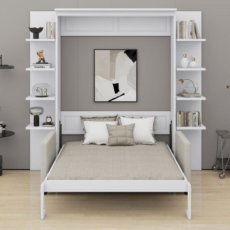 Armoire lit escamotable en bois avec tablettes de rangement et canapé, Blanc