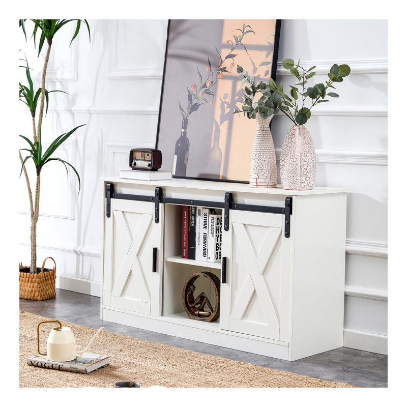 Meuble télé / rangement blanc décoratif en bois avec deux portes de grange coulissantes, disponible pour la chambre à coucher, le salon, le couloir.