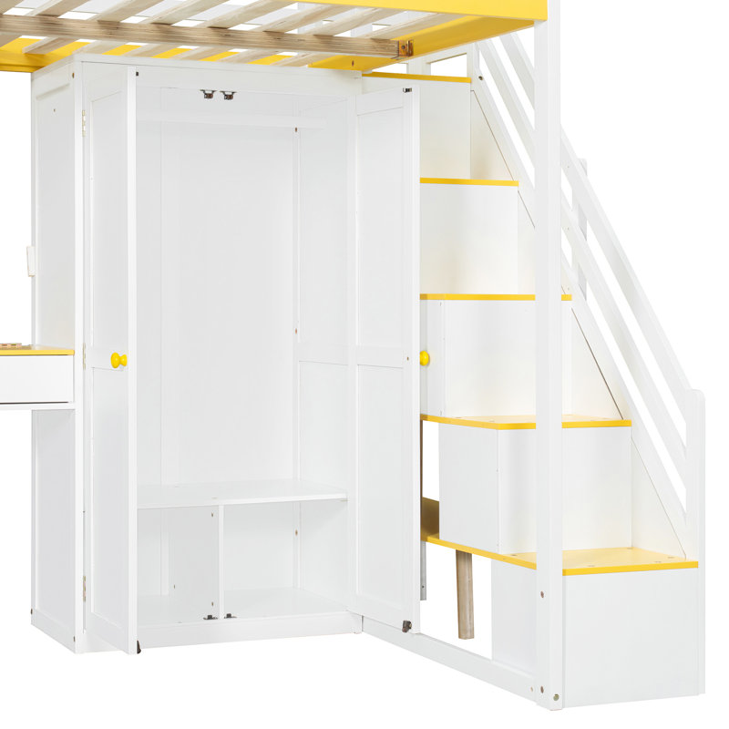 Lit mezzanine double avec escalier de rangement, Blanc / jaune