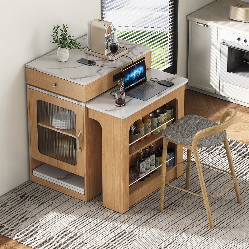 Îlot de cuisine 59,5 po avec table de salle à manger extensible, table de rangement de cuisine avec rangement double-face, îlot de cuisine avec 2 tiroirs, prise de courant, tablettes latérales ouvertes, pour la cuisine, la salle à manger, naturel