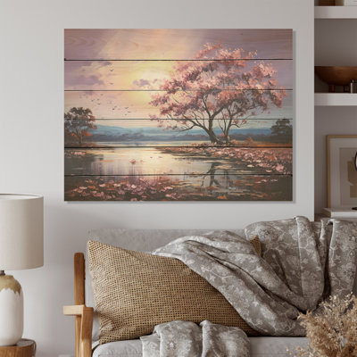 Fleur violette, sérénade au bord de la rivière - champ de fleurs, art mural sur bois de pin naturel