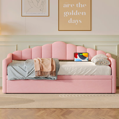 Upholstered Twin Size Daybed, Modern Sofa Bed With Adjustable Height Pop Up Trundle Twin Bed, Velvet Day Bed With Power Outlet And 2 Side Pockets For by Everly Quinn