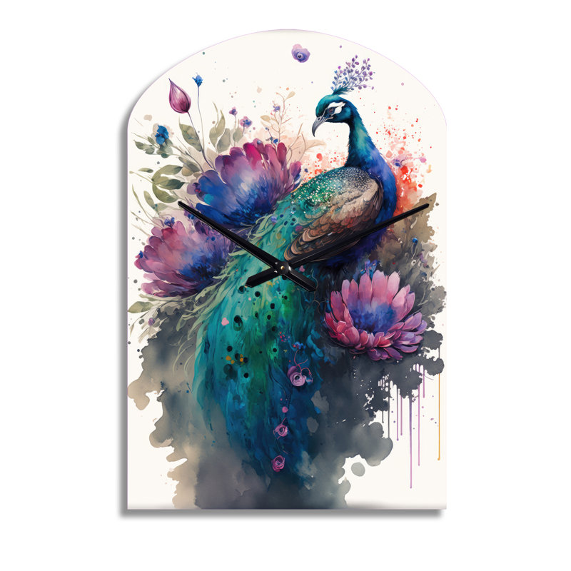 «Cute Peacock Floral Art I - Peacock Arch», horloge murale asymétrique moderne, Grand