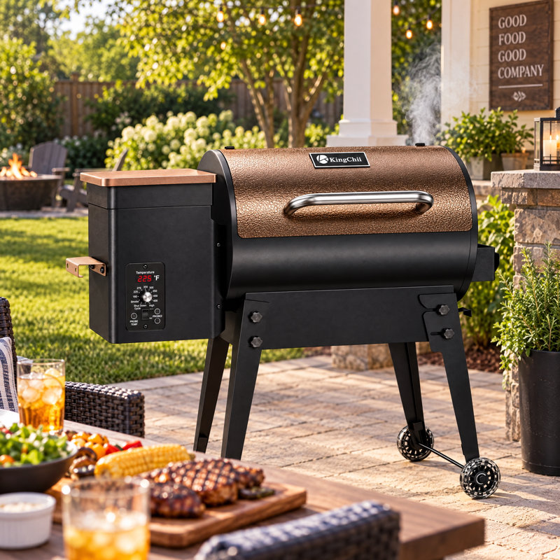Barbecue à granules de bois et fumoir de 456 po² avec contrôle automatique de la température PID, pieds pliants pour patio ou véhicule récréatif en bronze