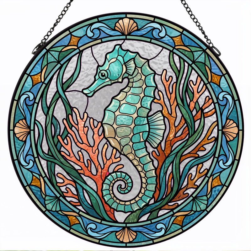 Panneau de vitrail corail Seahorse - 7,8 H, H 7,8 po