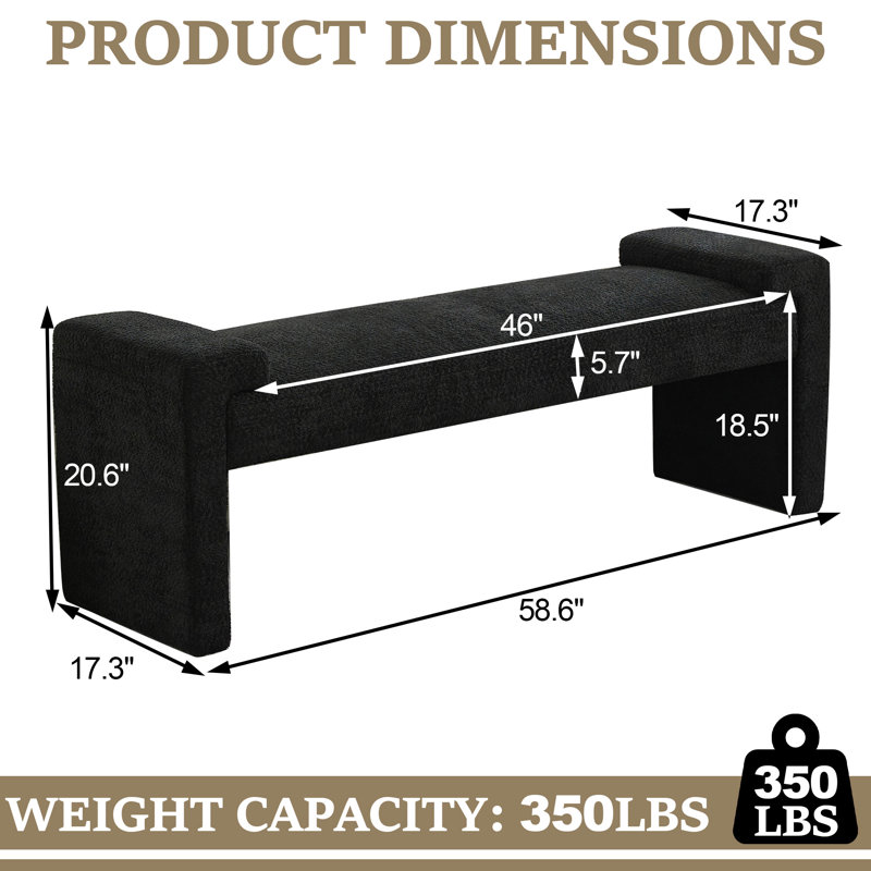 Banc de chambre rembourré l 58,6 po, Black Sherpa, 20.6" H x 58.6" W x 17.3" D
