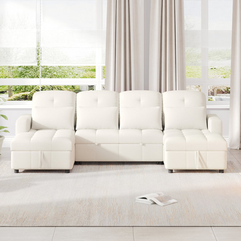 Canapé-lit modulaire de 110 po en forme de U avec 2 méridiennes de rangement, 2 ports USB et 4 coussins, Beige