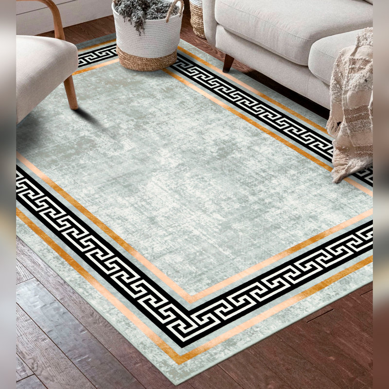 Home Decor Luxury Non-Slip Rubber Backing Safety Soft Runner Area Carpet Floor Area Rug Indoor Interior Accent Decorative Mat, Modern Gold Border Black Greek Key Design, 5 x 7 Feet