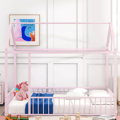 Full Size Metal House Bed, Pink With Lovely Fence Detail - Offers A Warm And Inviting Sleep Environment For Bed Builds Playful Relaxing Bedroom