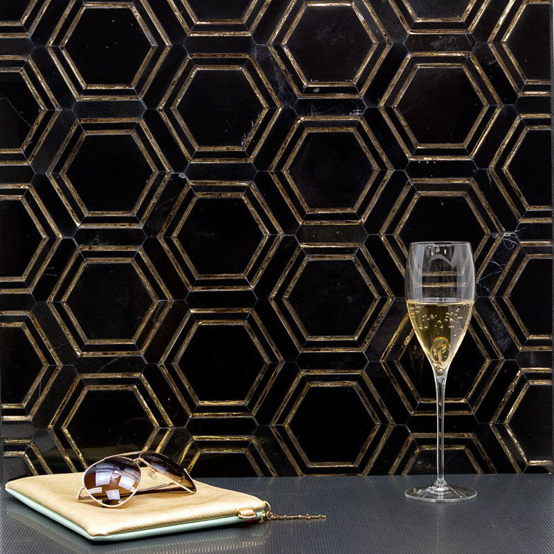 Helix 4" Hexagon Polished Nero Marquina Marble & Glass Mosaic Tile