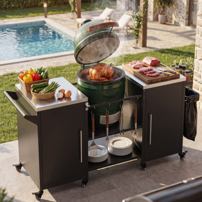 Chariot de barbecue 71,65 po avec rangement pour grand œuf vert, table de préparation pour les fêtes