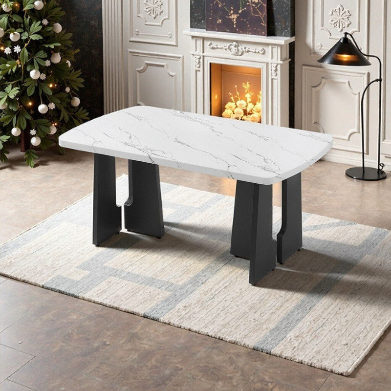 Table de salle à manger de 63 pouces en faux marbre avec base géométrique en MDF, Blanc et noir