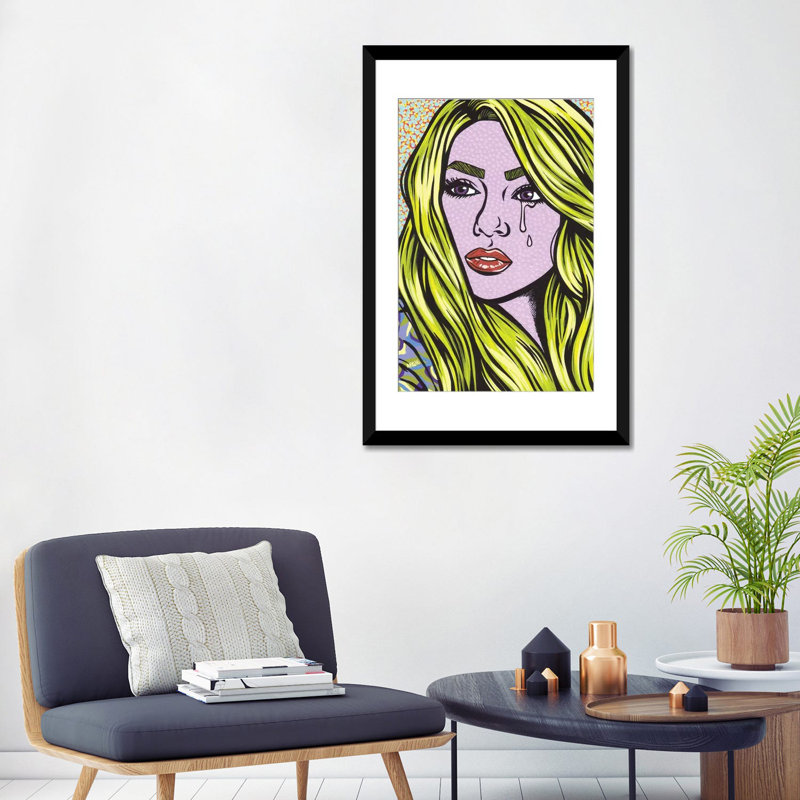 «Blonde Crying Comic Girl», impression sur toile, H 24 po x l 16 po x P 1 po, Papier d'art encadré noir, Blanc