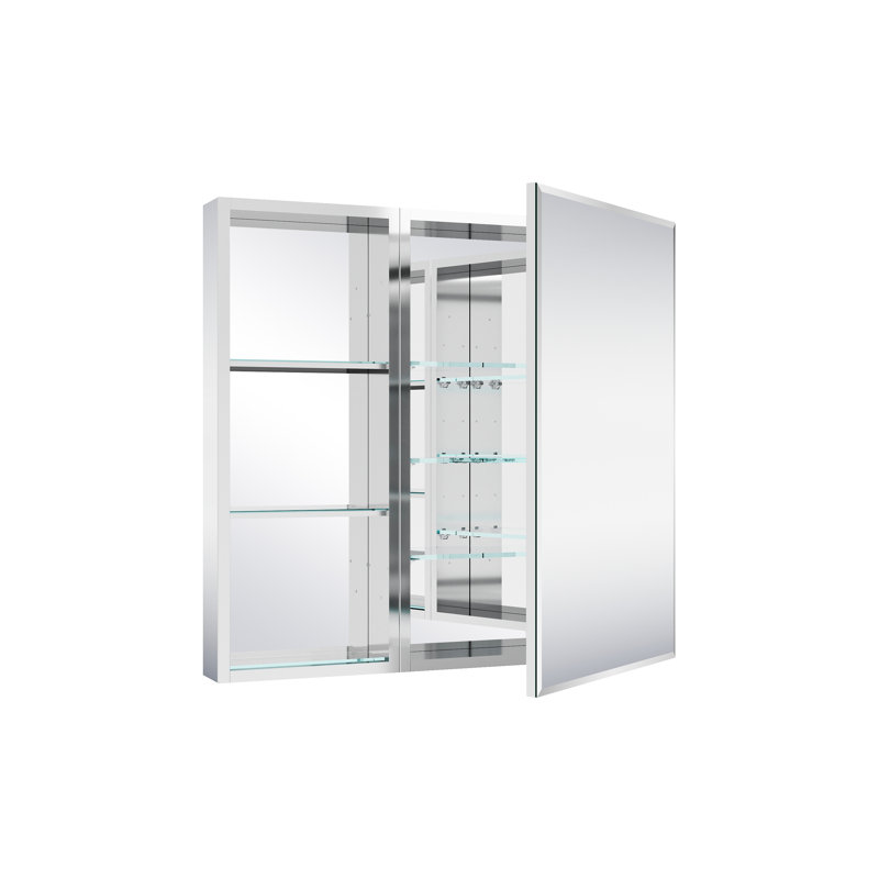 Armoire à pharmacie encastrée ou en saillie en aluminium, 81 cm (L) x 76 cm (H), avec miroir biseauté et tablette ouverte.