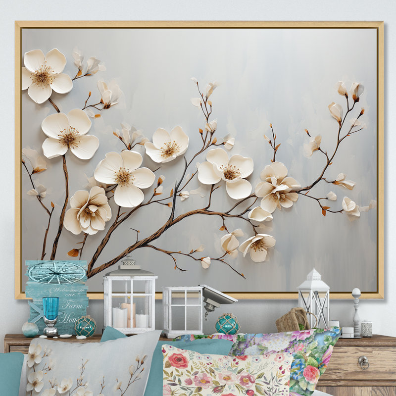 «White Dogwood Blossom Scenery I», reproduction sur toile, H 34 po x l 44 po x P 1,5 po, Cadre naturel flottant