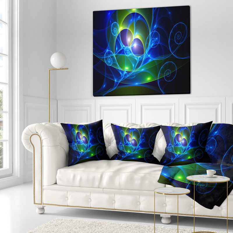 Curly Spiral - coussin abstrait imprimé, 18 po x 18 po, Noir / Bleu, Coussin décoratif
