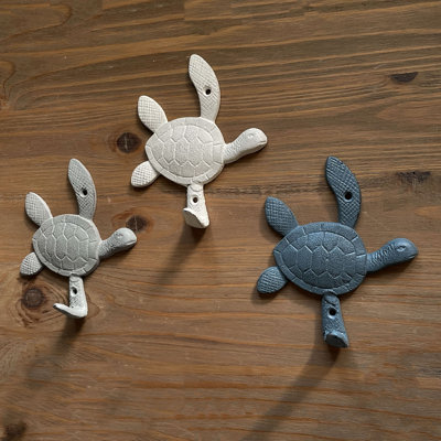 Coastal blue, gray and white sea turtle cast iron wall hook set of 3, 5.75 inches wide